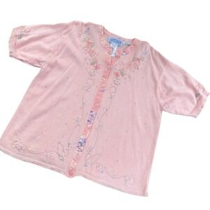 Vintage '90s Jantzen Classics Pink Embroidered Button Cardigan Sweater XL